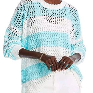 Vintage Havana Women's Turquoise Blue and White Striped Sweater Large Summer